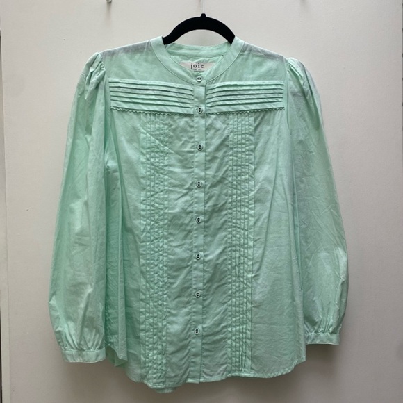 Joie Textured Vesta Pintuck Puff Sleeve Cotton Blouse in Mint Green, Size S - Picture 5 of 9